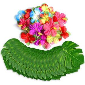 60Pcs Tropical Party Decorations Supplies Tropical Palm Leaves Hibiscus Flower